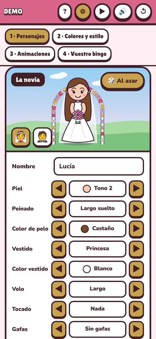 Pantalla para crear los personajes de los novios