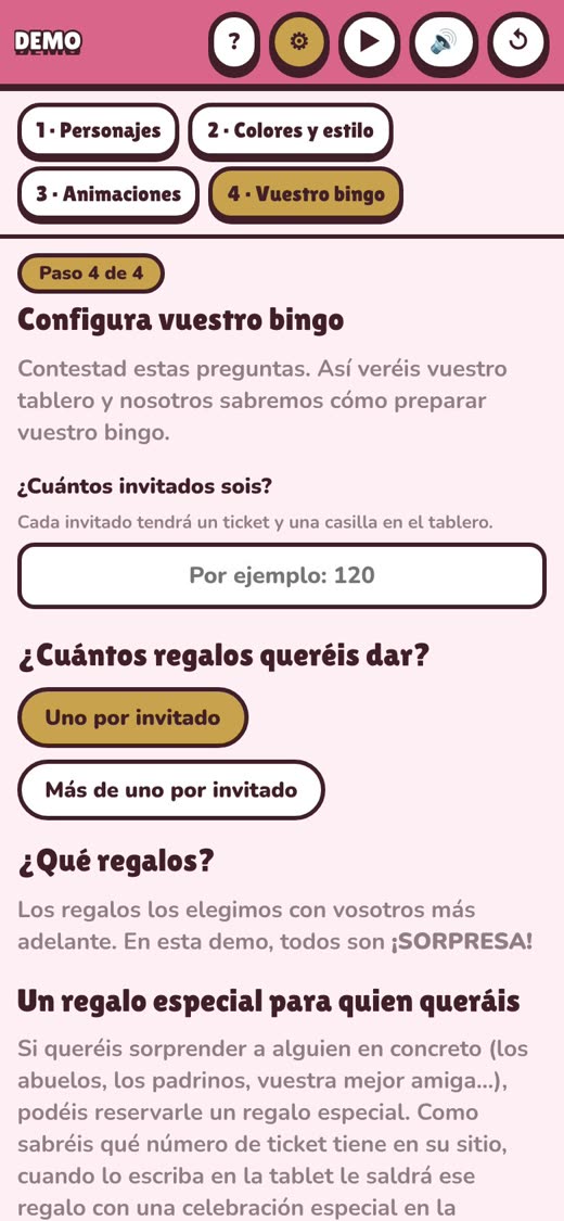 Preguntas para configurar el bingo